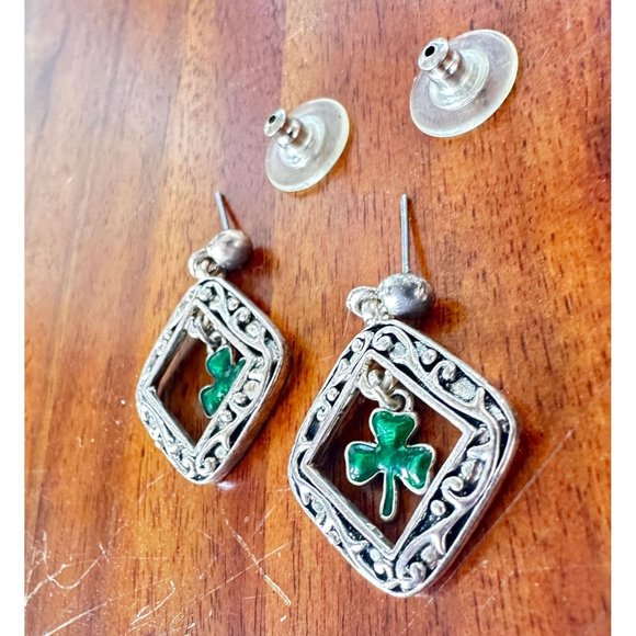 Vintage 80's Shamrock Earrings Handmade Dangle Posts St Patrick's Day Pa… - Picture 7 of 12